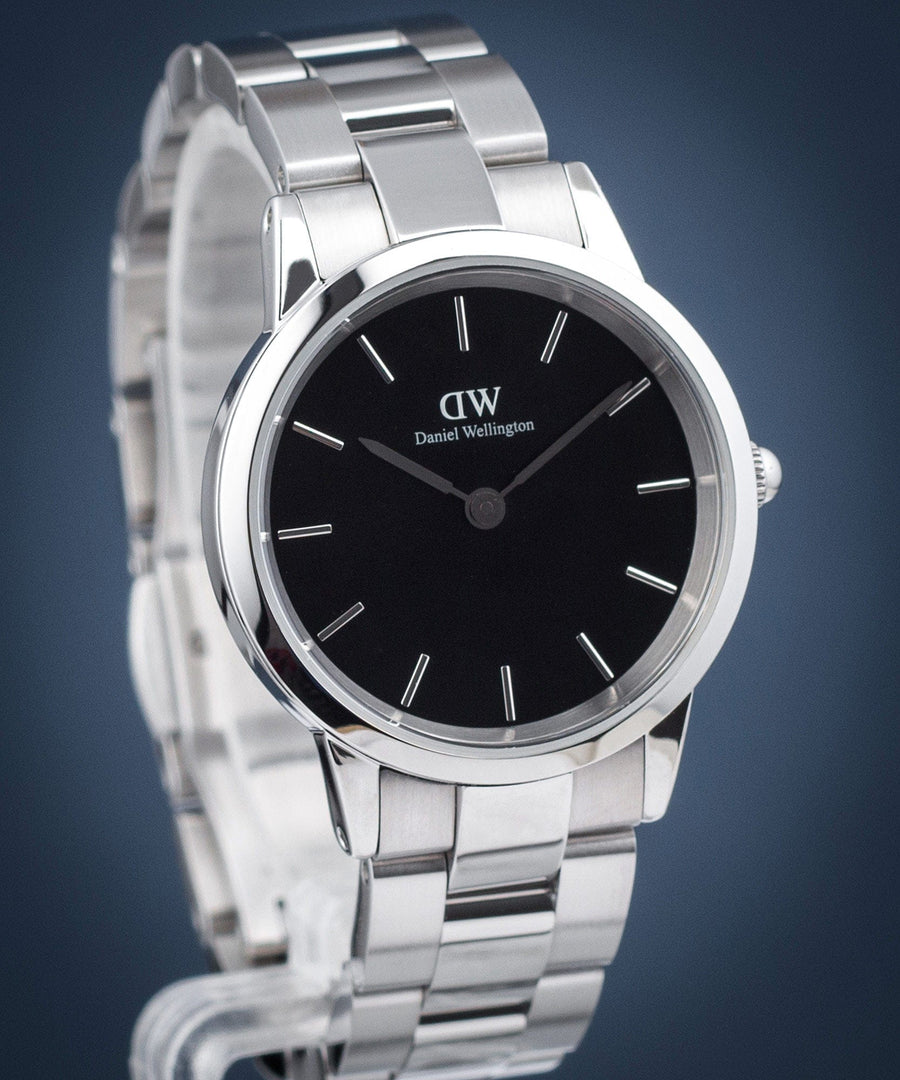 Daniel Wellington Iconic Link Black Dial Silver Steel Strap Watch For Women - DW00100208