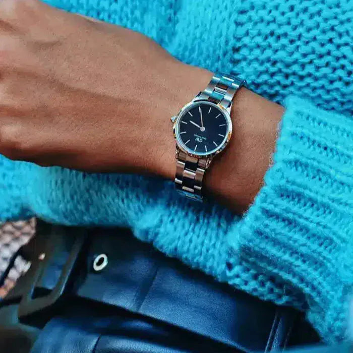 Daniel Wellington Iconic Link Black Dial Silver Steel Strap Watch For Women - DW00100208