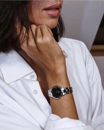 Daniel Wellington Iconic Link Black Dial Silver Steel Strap Watch For Women - DW00100208