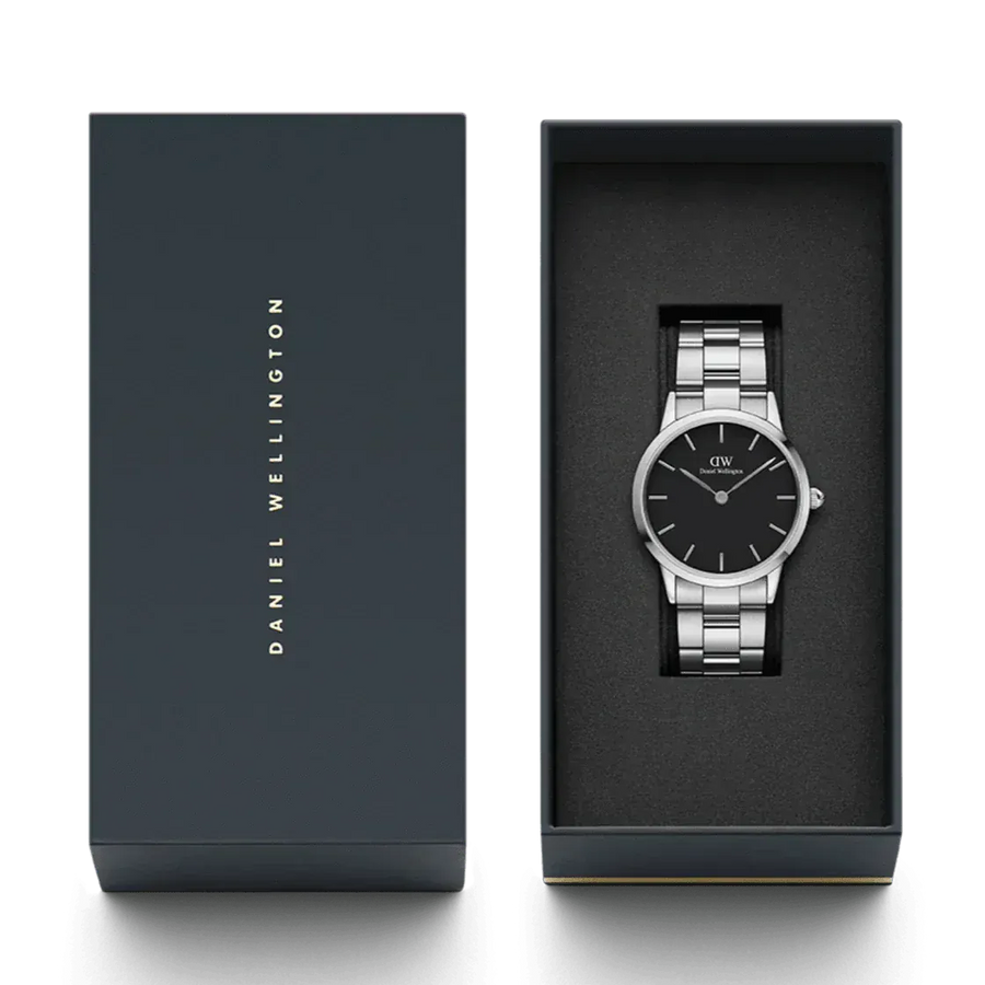 Daniel Wellington Iconic Link Black Dial Silver Steel Strap Watch For Women - DW00100342
