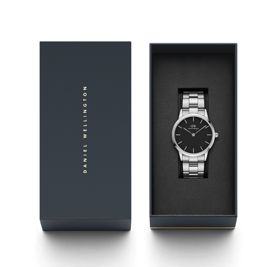Daniel Wellington Iconic Link Black Dial Silver Steel Strap Watch For Women - DW00100342