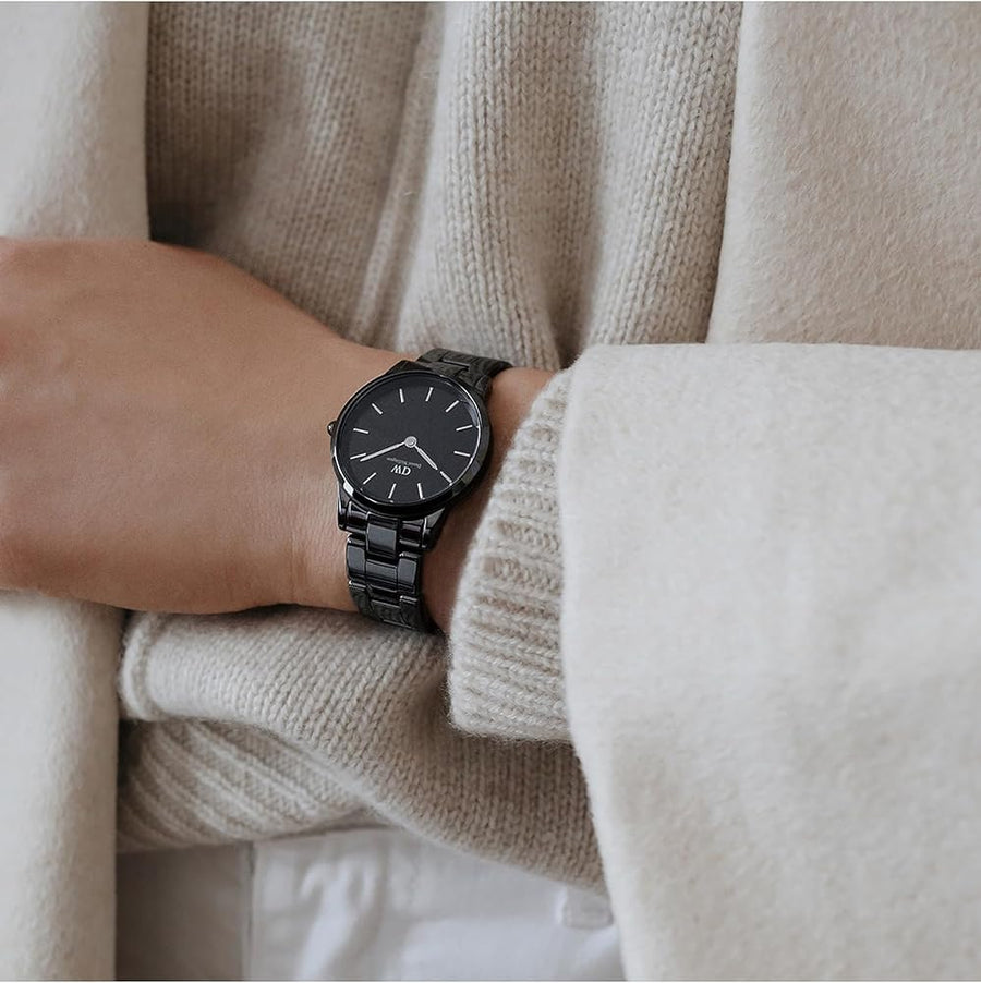 Daniel Wellington Iconic Link Ceramic Black Dial Black Steel Strap Watch For Women - DW00100414