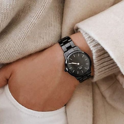 Daniel Wellington Iconic Link Ceramic Black Dial Black Steel Strap Watch For Women - DW00100415