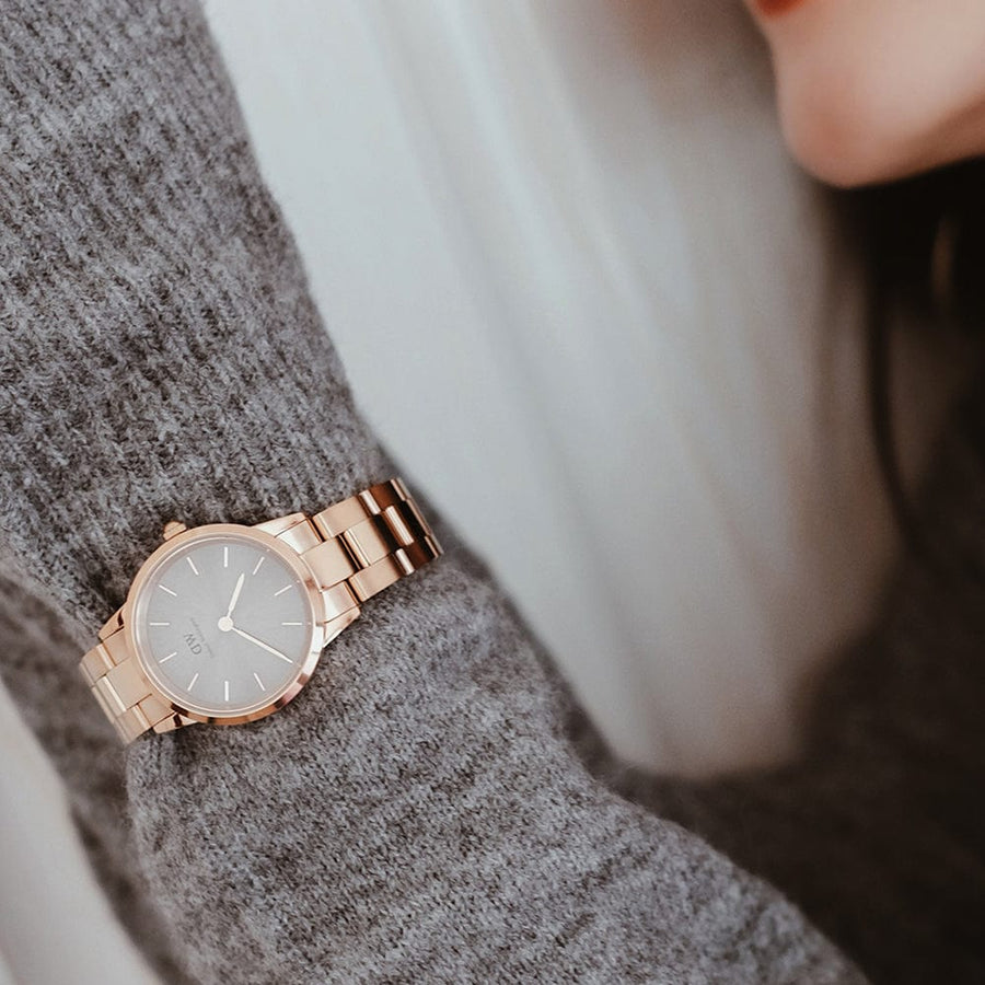 Daniel Wellington Iconic Link Grey Dial Gold Steel Strap Watch For Women - DW00100334