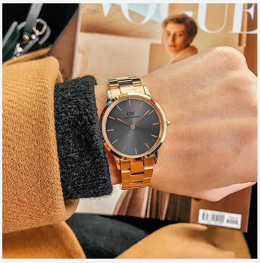 Daniel Wellington Iconic Link Grey Dial Rose Gold Steel Strap Watch For Women - DW00100332