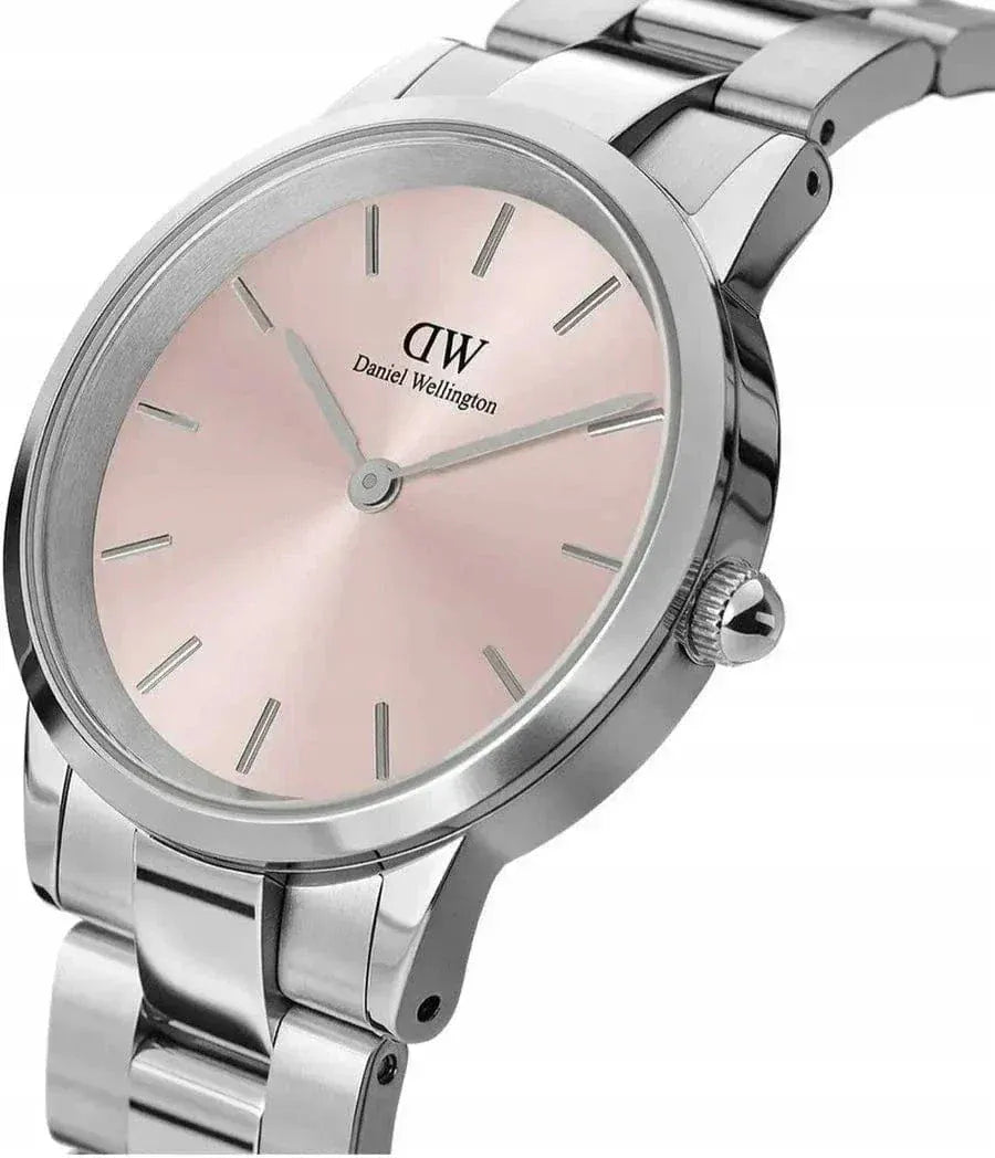 Daniel Wellington Iconic Link Pink Dial Silver Steel Strap Watch For Women - DW00100327