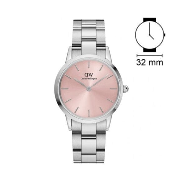 Daniel Wellington Iconic Link Pink Dial Silver Steel Strap Watch For Women - DW00100327