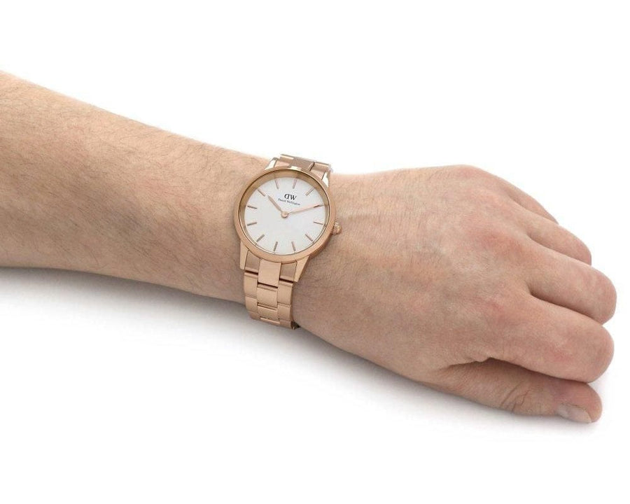 Daniel Wellington Iconic Link White Dial Rose Gold Steel Strap Watch For Women - DW00100209