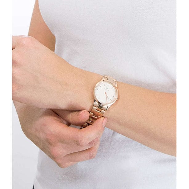 Daniel Wellington Iconic Link White Dial Rose Gold Steel Strap Watch For Women - DW00100209