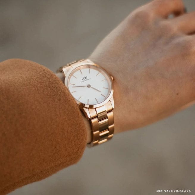 Daniel Wellington Iconic Link White Dial Rose Gold Steel Strap Watch For Women - DW00100211