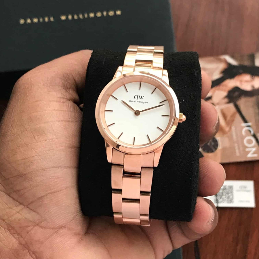 Daniel Wellington Iconic Link White Dial Rose Gold Steel Strap Watch For Women - DW00100211
