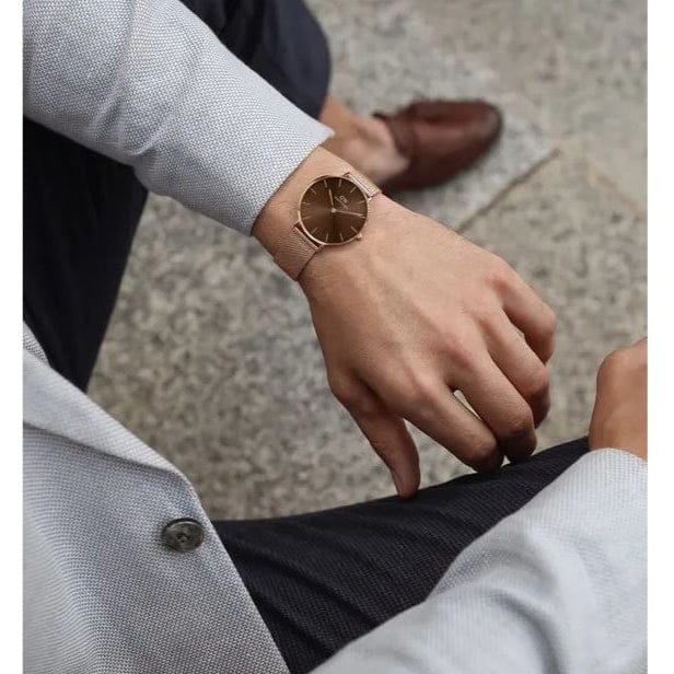 Daniel Wellington Petite Amber Brown Dial Gold Mesh Strap Watch For Women - DW00100476