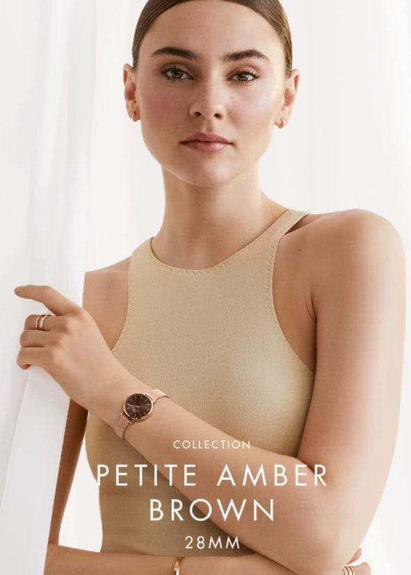 Daniel Wellington Petite Amber Brown Dial Gold Mesh Strap Watch For Women - DW00100476