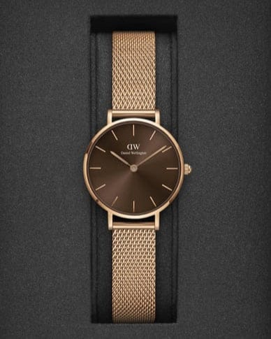 Daniel Wellington Petite Amber Brown Dial Gold Mesh Strap Watch For Women - DW00100476