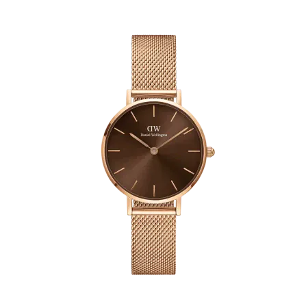 Daniel Wellington Petite Amber Brown Dial Gold Mesh Strap Watch For Women - DW00100476