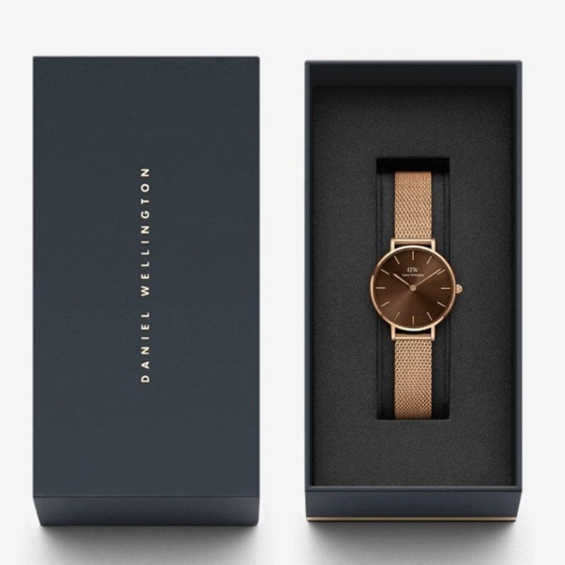 Daniel Wellington Petite Amber Brown Dial Rose Gold Mesh Strap Watch for Women - DW00100478