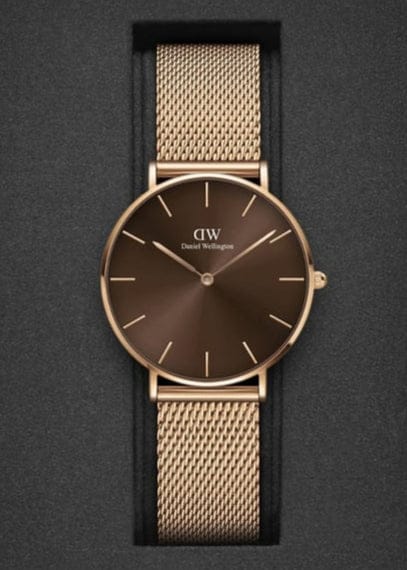 Daniel Wellington Petite Amber Brown Dial Rose Gold Mesh Strap Watch for Women - DW00100478
