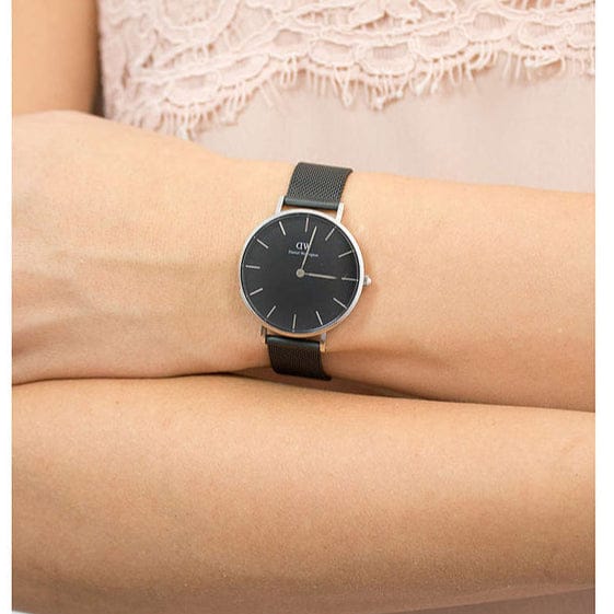 Daniel Wellington Petite Ashfield Black Dial Black Mesh Strap Watch For Women - DW00100202