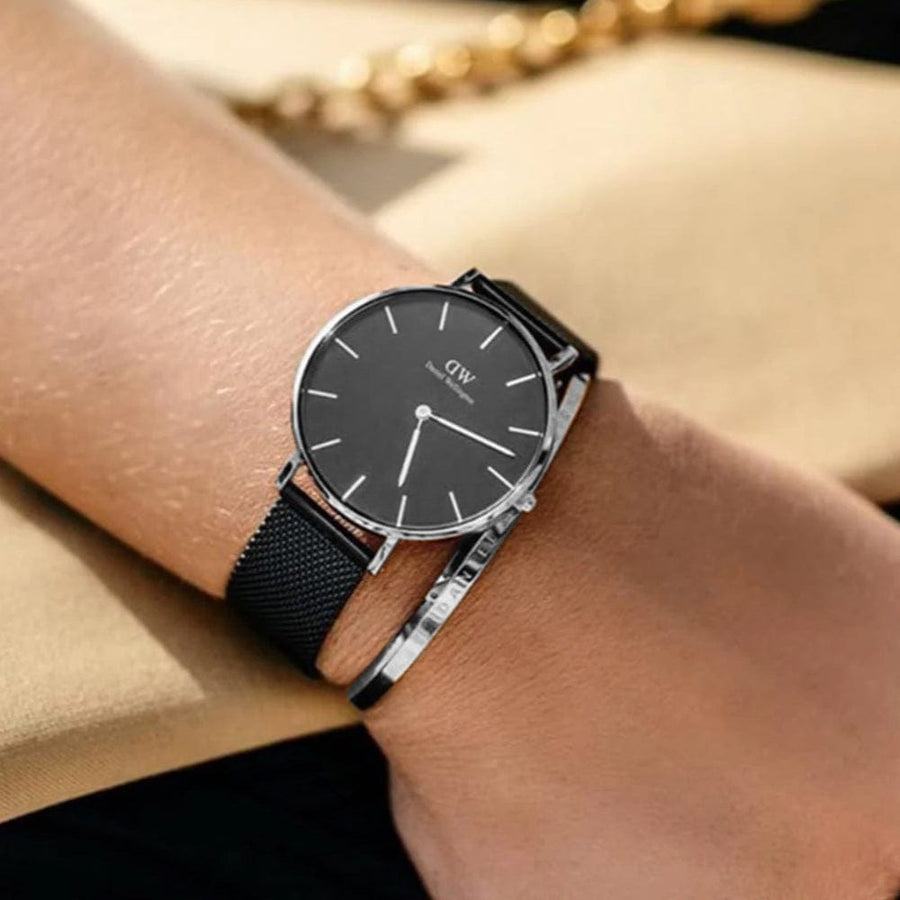 Daniel Wellington Petite Ashfield Black Dial Black Mesh Strap Watch For Women - DW00100202