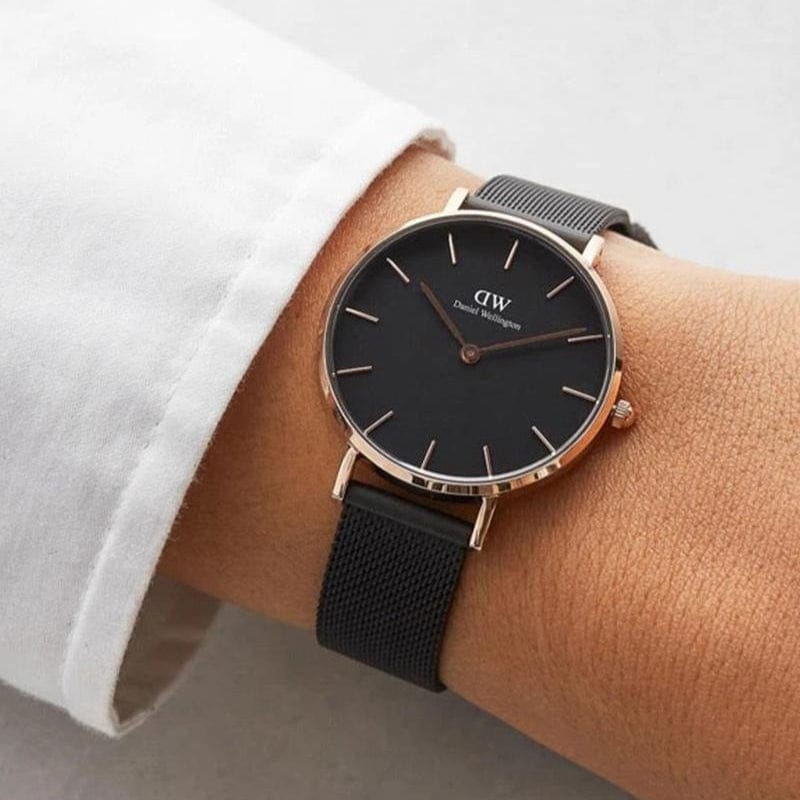 Daniel Wellington Petite Ashfield Black Dial Black Mesh Strap Watch For Women - DW00100202