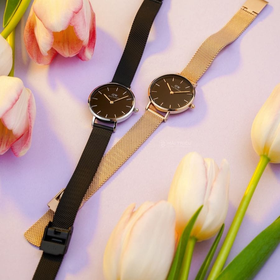 Daniel Wellington Petite Ashfield Black Dial Black Mesh Strap Watch For Women - DW00100246