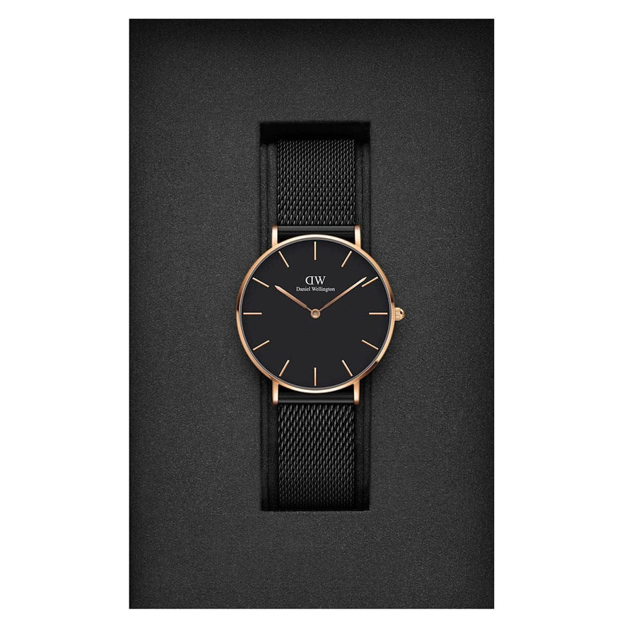 Daniel Wellington Petite Ashfield Black Dial Black Mesh Strap Watch for Women - DW00100307