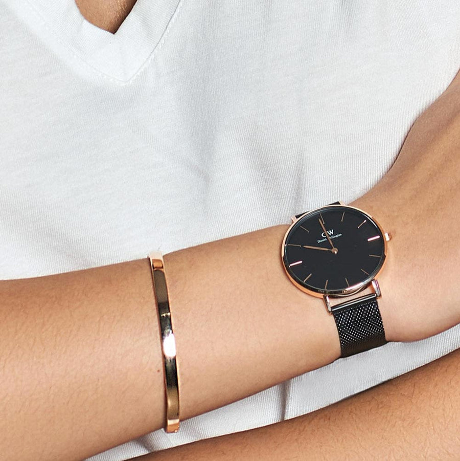 Daniel Wellington Petite Ashfield Black Dial Black Mesh Strap Watch for Women - DW00100307