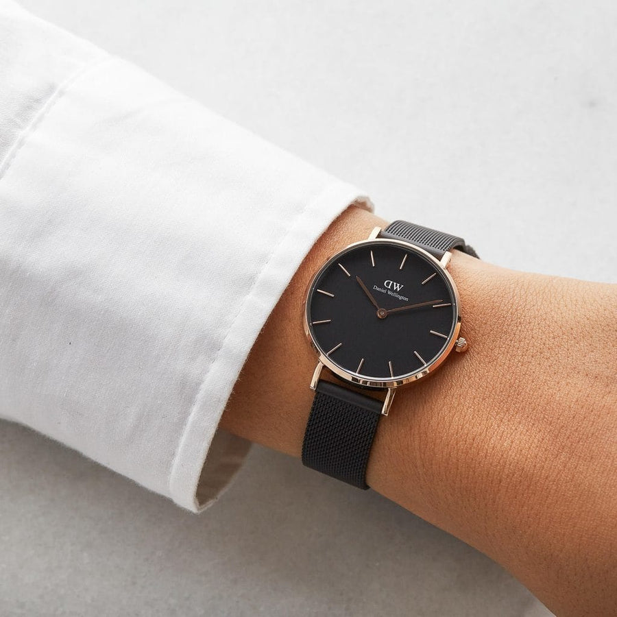 Daniel Wellington Petite Ashfield Black Dial Black Mesh Strap Watch for Women - DW00100307