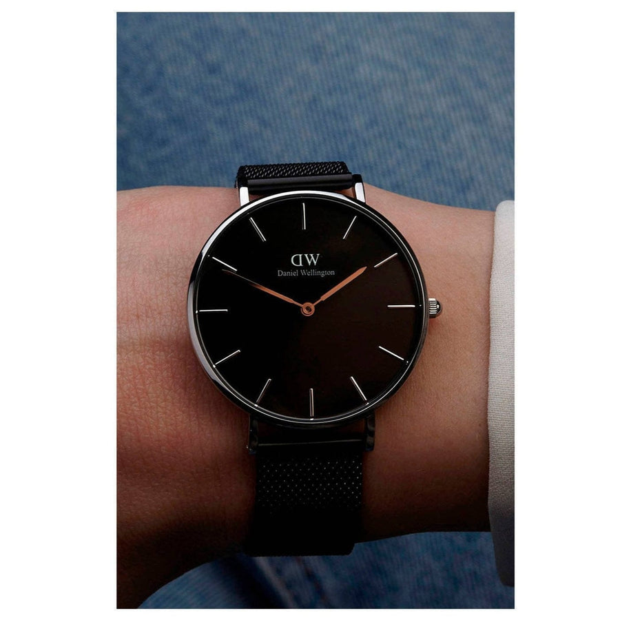 Daniel Wellington Petite Ashfield Black Dial Black Mesh Strap Watch For Women - DW00100308