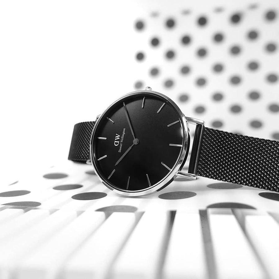 Daniel Wellington Petite Ashfield Black Dial Black Mesh Strap Watch For Women - DW00100308