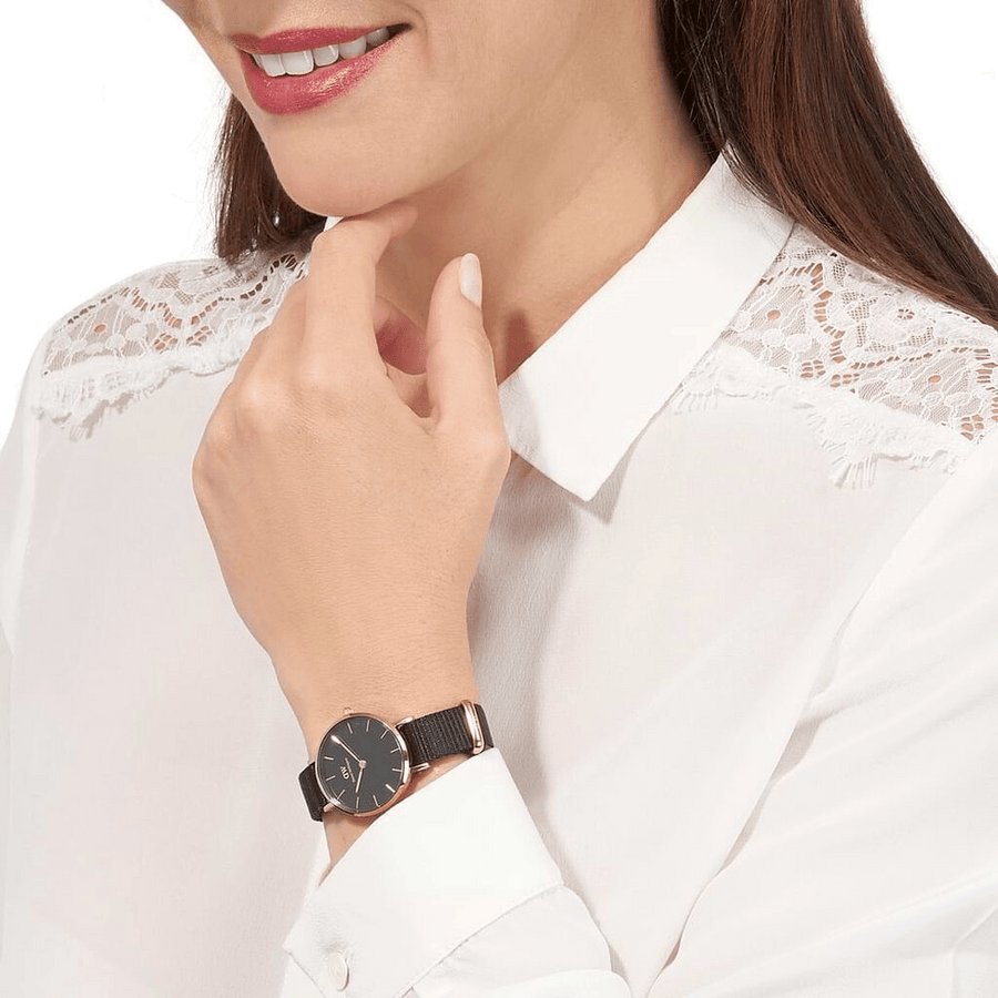Daniel Wellington Petite Cornwall Black Dial Black Nylon Strap Watch for Women - DW00100247