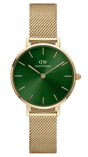 Daniel Wellington Petite Emerald Green Dial Gold Mesh Strap Watch For Women - DW00100479