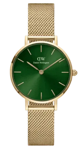 Daniel Wellington Petite Emerald Green Dial Gold Mesh Strap Watch For Women - DW00100479