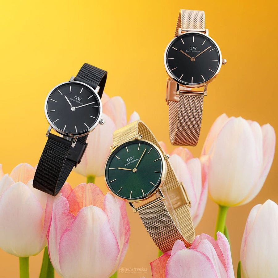 Daniel Wellington Petite Emerald Green Dial Gold Mesh Strap Watch For Women - DW00100480