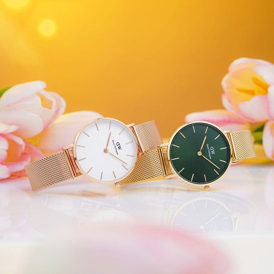 Daniel Wellington Petite Emerald Green Dial Gold Mesh Strap Watch For Women - DW00100480