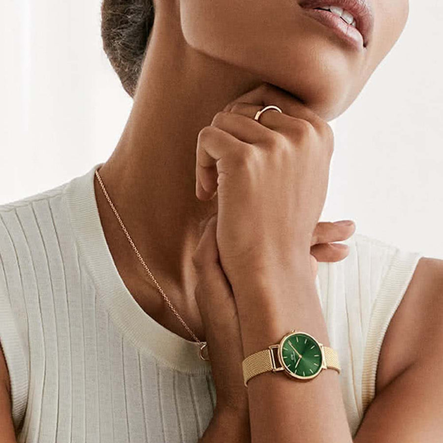 Daniel Wellington Petite Emerald Green Dial Gold Mesh Strap Watch For Women - DW00100480
