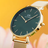 Daniel Wellington Petite Emerald Green Dial Gold Mesh Strap Watch For Women - DW00100480
