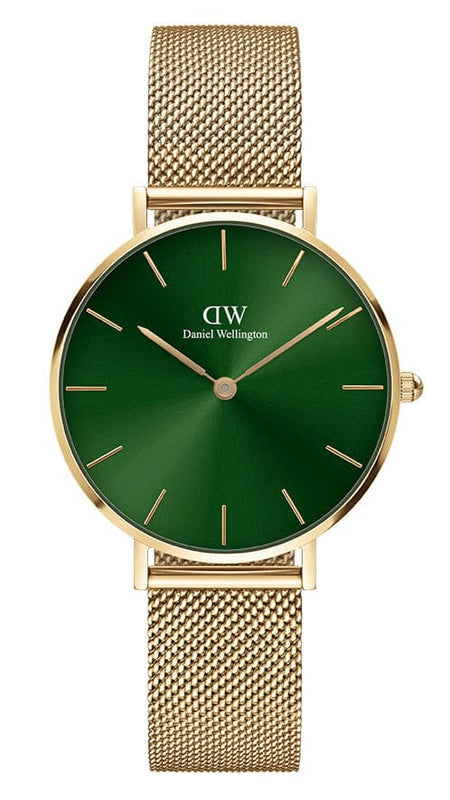 Daniel Wellington Petite Emerald Green Dial Gold Mesh Strap Watch For Women - DW00100480