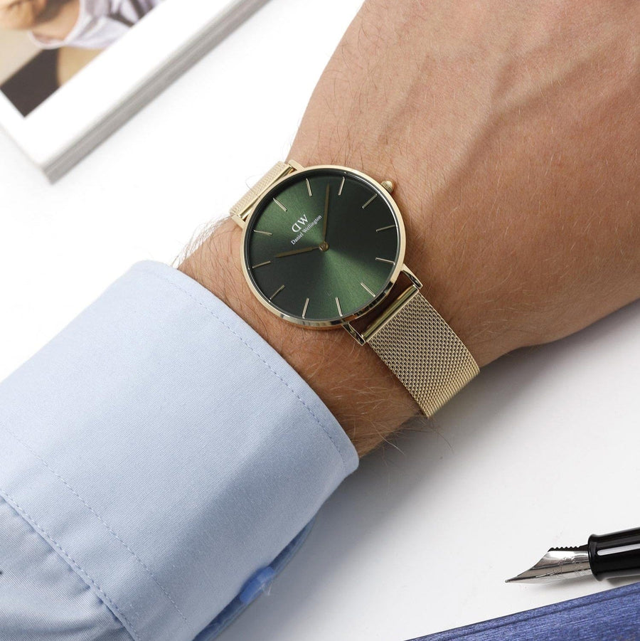 Daniel Wellington Petite Emerald Green Dial Gold Mesh Strap Watch For Women - DW00100481