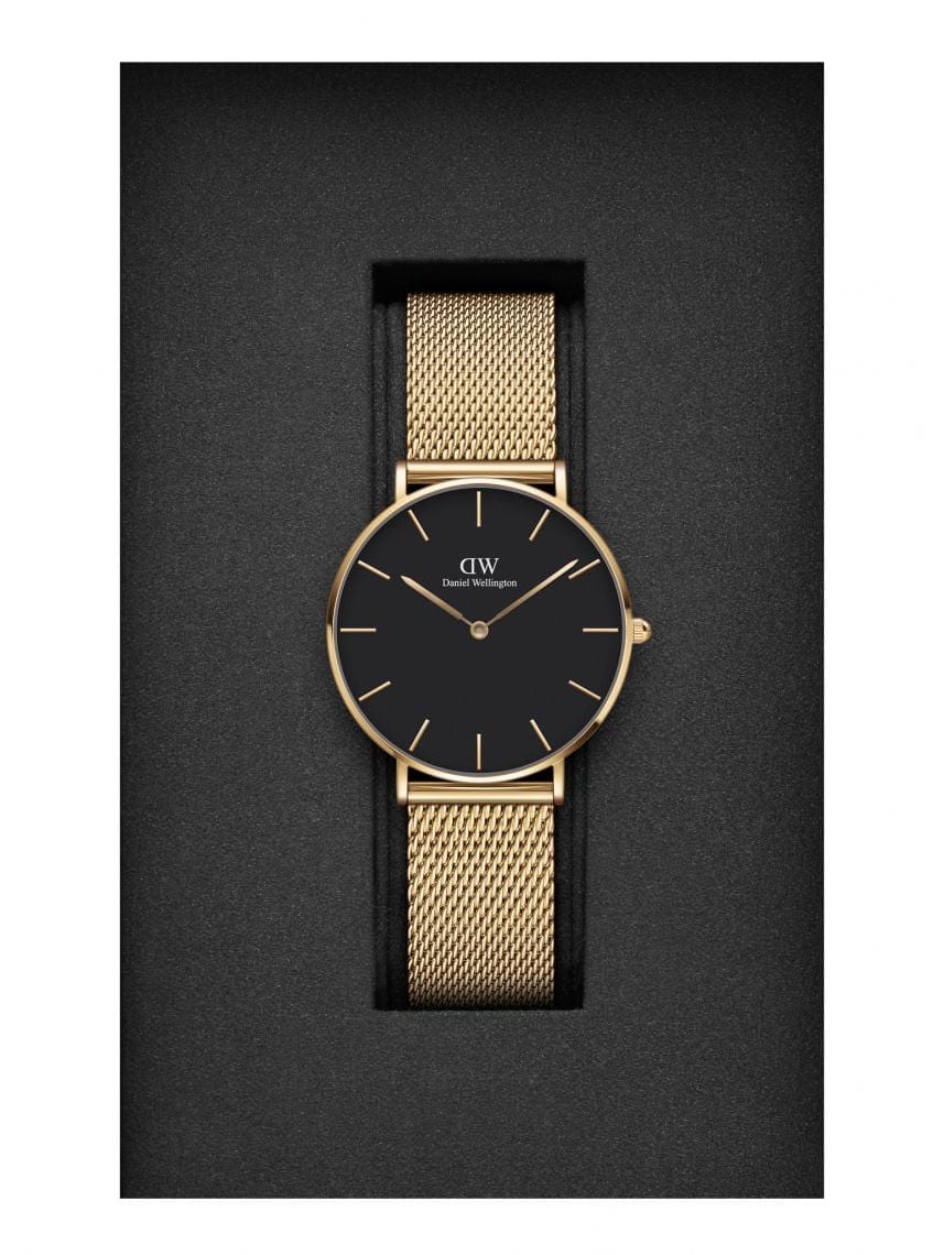 Daniel Wellington Petite Evergold Black Dial Gold Mesh Strap Watch For Women - DW00100345