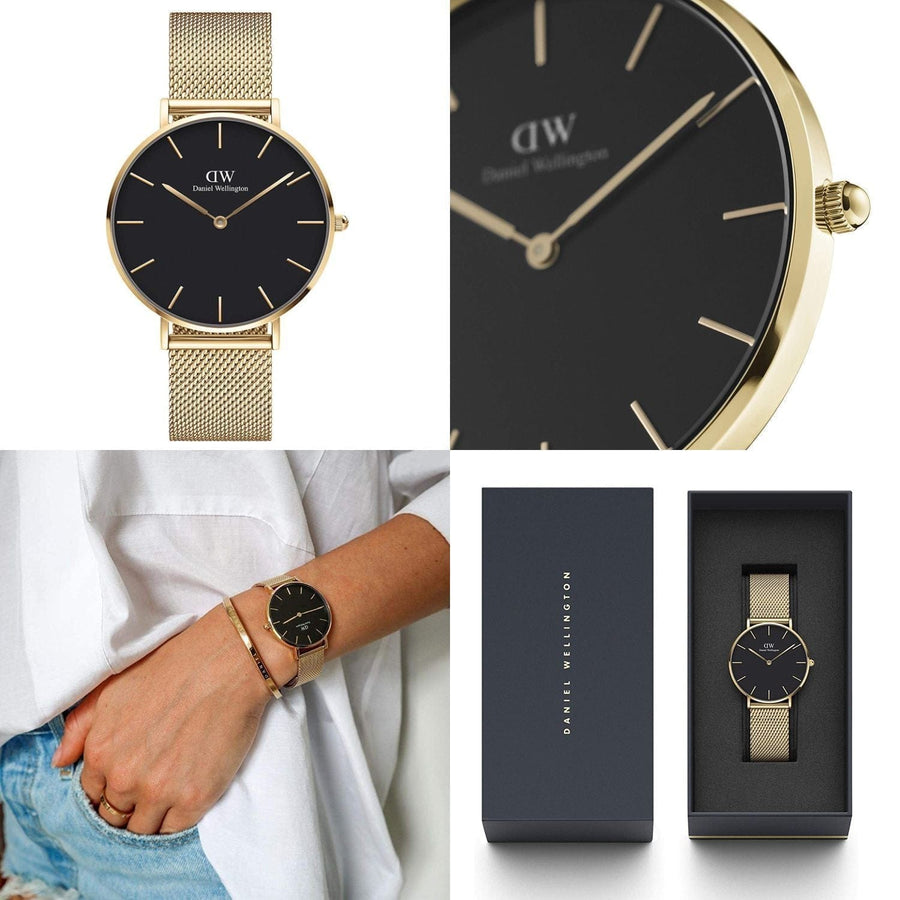 Daniel Wellington Petite Evergold Black Dial Gold Mesh Strap Watch For Women - DW00100345