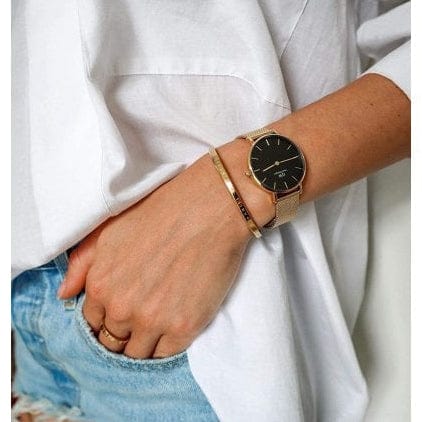 Daniel Wellington Petite Evergold Black Dial Gold Mesh Strap Watch For Women - DW00100345