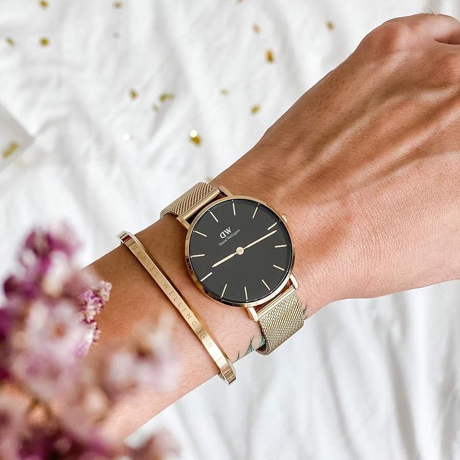 Daniel Wellington Petite Evergold Black Dial Gold Mesh Strap Watch For Women - DW00100345