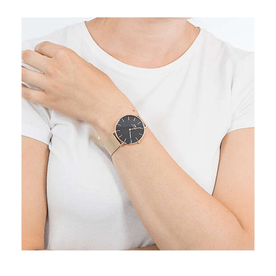Daniel Wellington Petite Evergold Black Dial Gold Mesh Strap Watch For Women - DW00100345