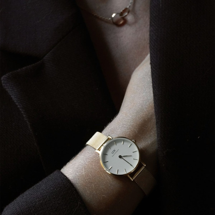 Daniel Wellington Classic Petite White Dial Gold Mesh Bracelet Watch For Women - DW00100348
