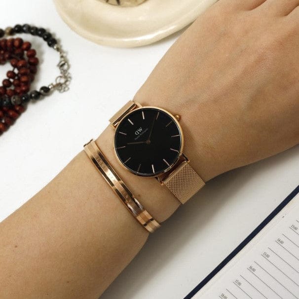 Daniel Wellington Petite Melrose Black Dial Rose Gold Mesh Strap Watch For Women - DW00100303