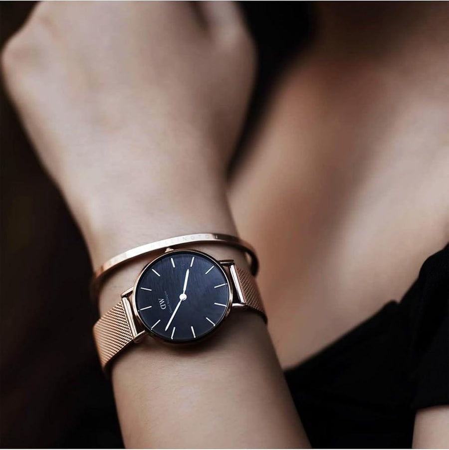 Daniel Wellington Petite Melrose Black Dial Rose Gold Mesh Strap Watch For Women - DW00100303