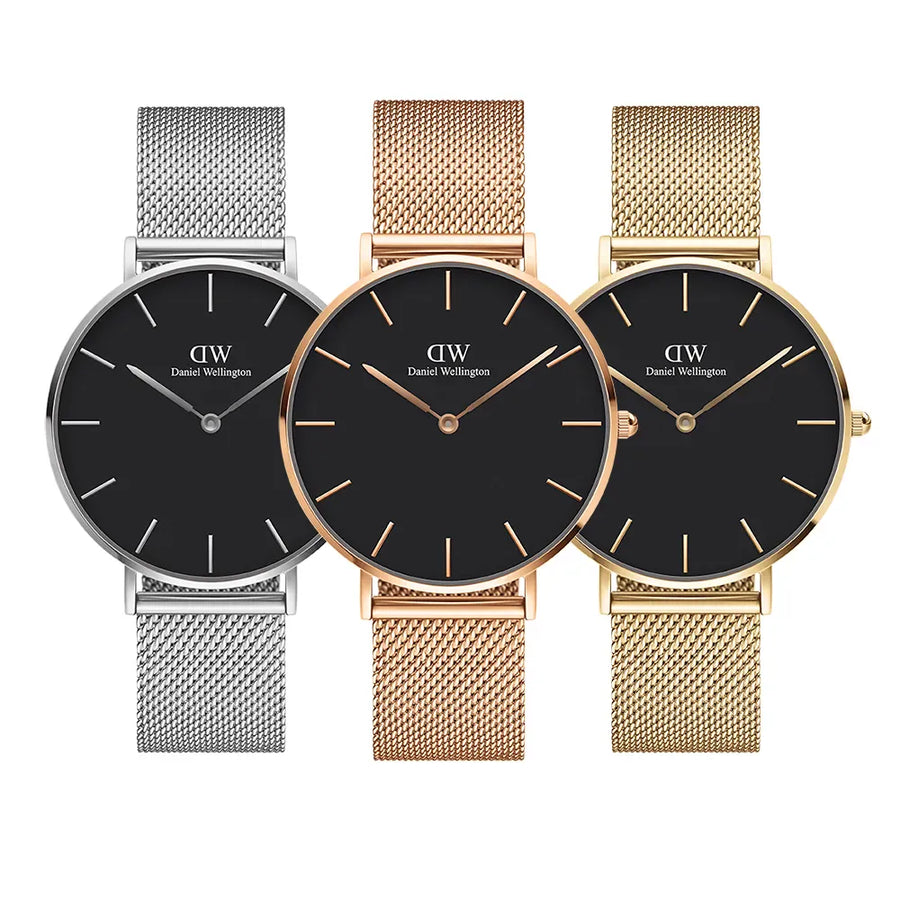 Daniel Wellington Petite Melrose Black Dial Rose Gold Mesh Strap Watch For Women - DW00100303