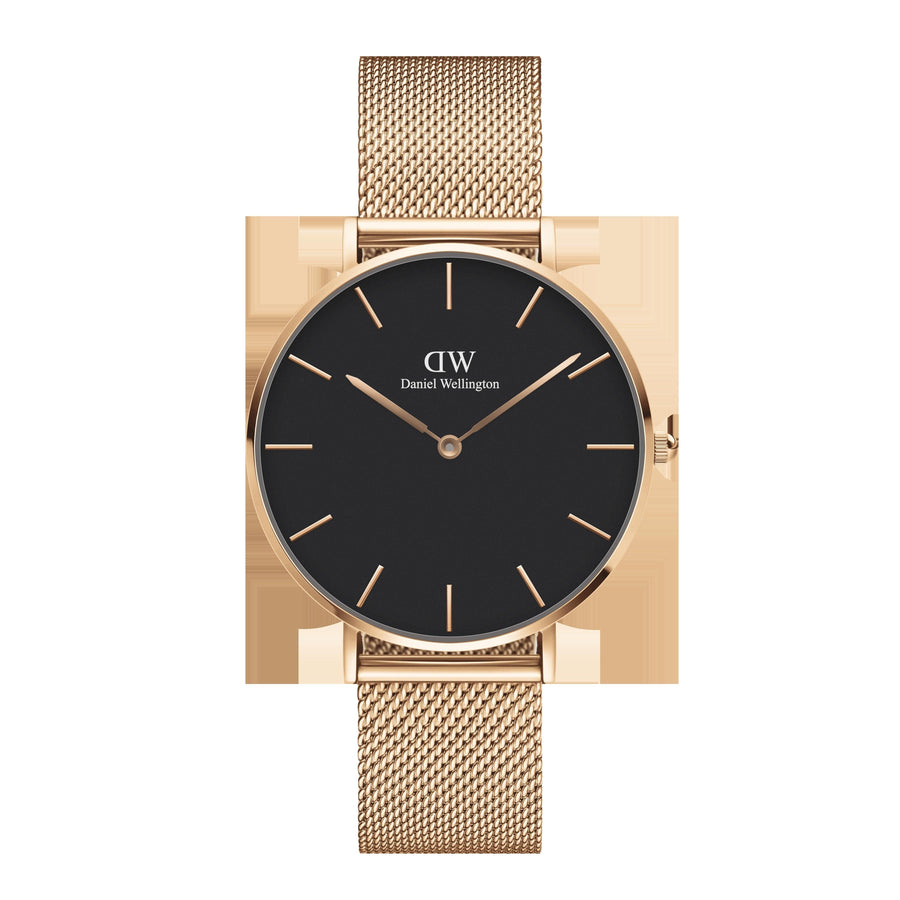 Daniel Wellington Petite Melrose Black Dial Rose Gold Mesh Strap Watch For Women - DW00100303