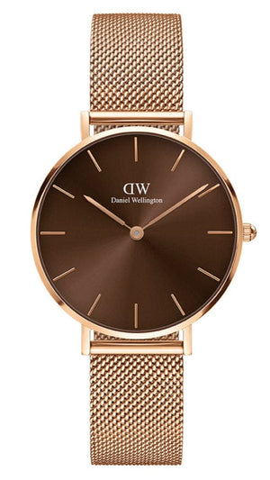 Daniel Wellington Petite Melrose Brown Dial Rose Gold Mesh Strap Watch For Women - DW00100477